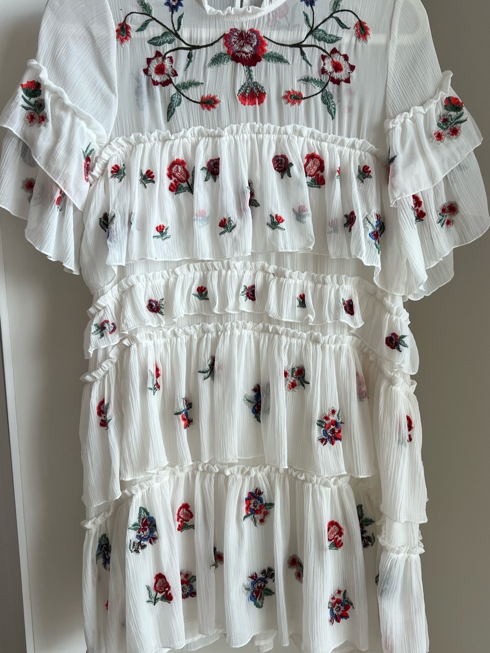Zara White Tiered Dress with Red and Green Floral Embroidery